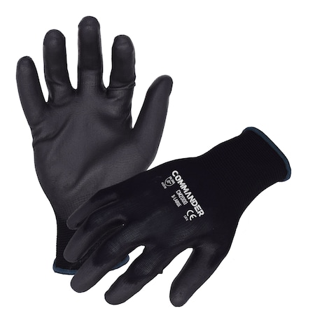 Commander 13 Ga. Nylon Work Gloves, Polyurethane Palm Coating, Black, S